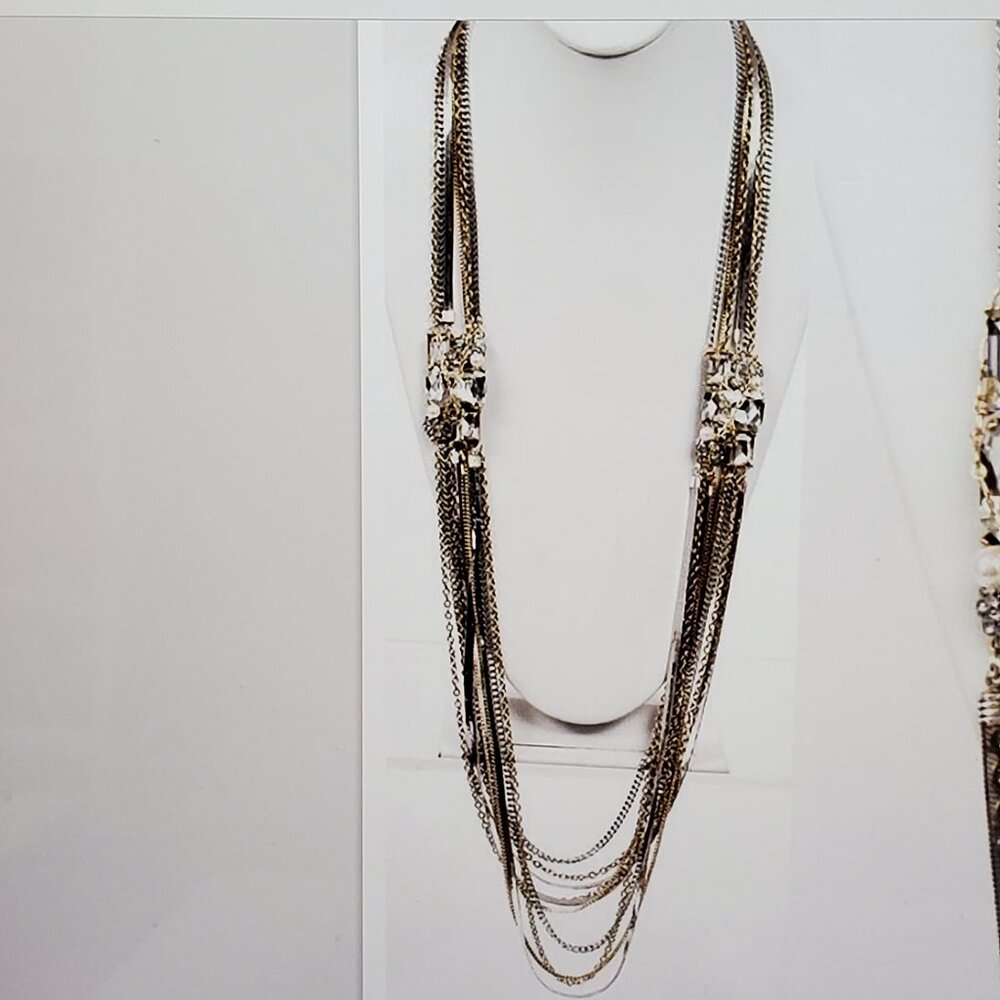 Bijou multi-strand necklace with gold & silver chains with glass stones